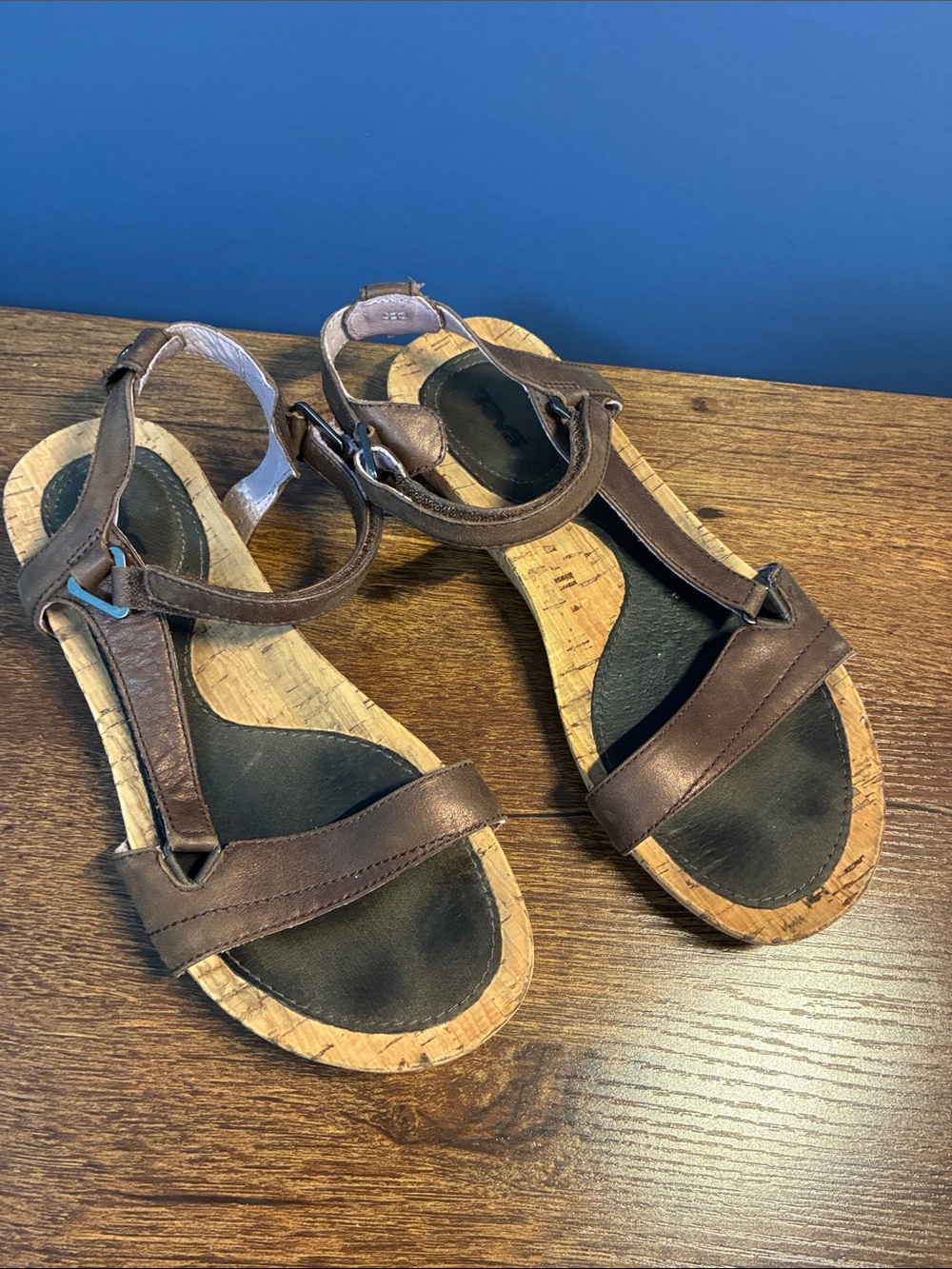 Teva Brown Cork-Trim T-Strap Sandals